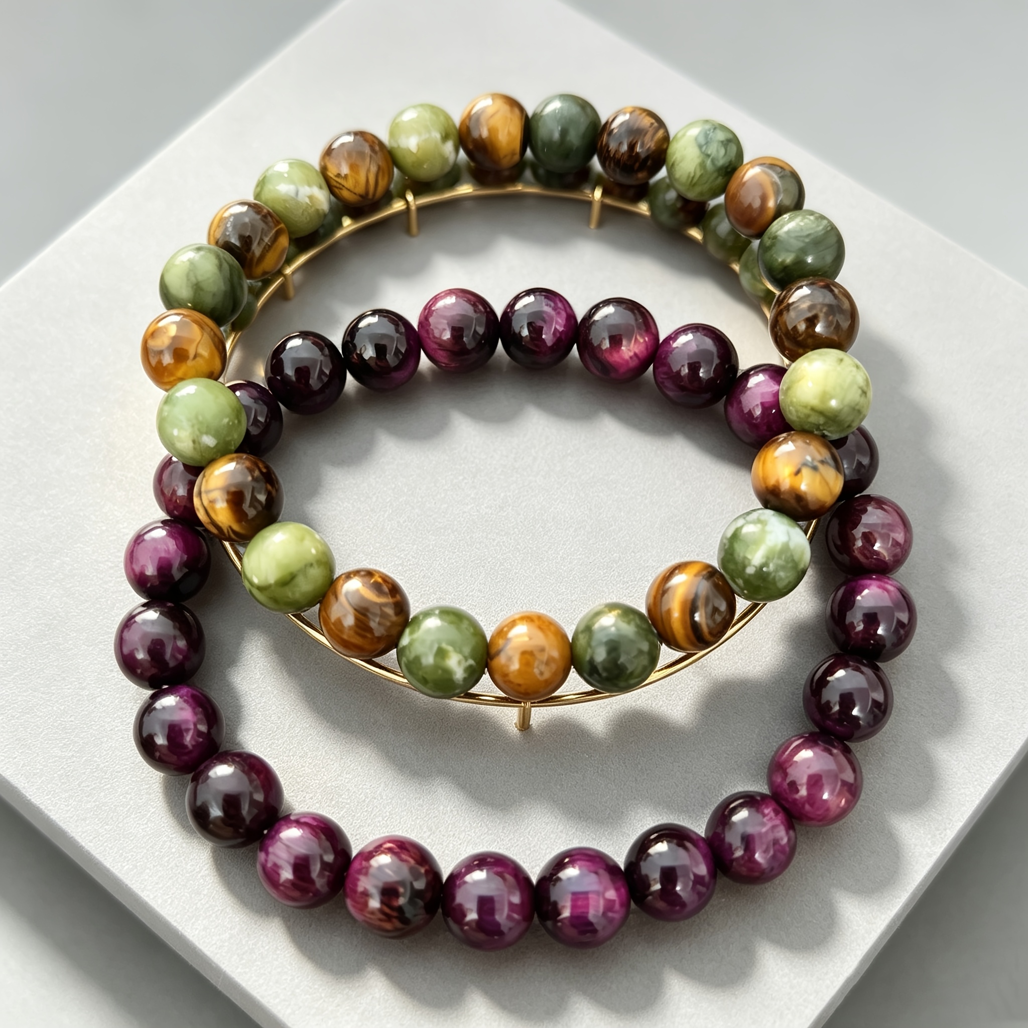 2pc Iridescent Natural Stone Bead Bracelet Set